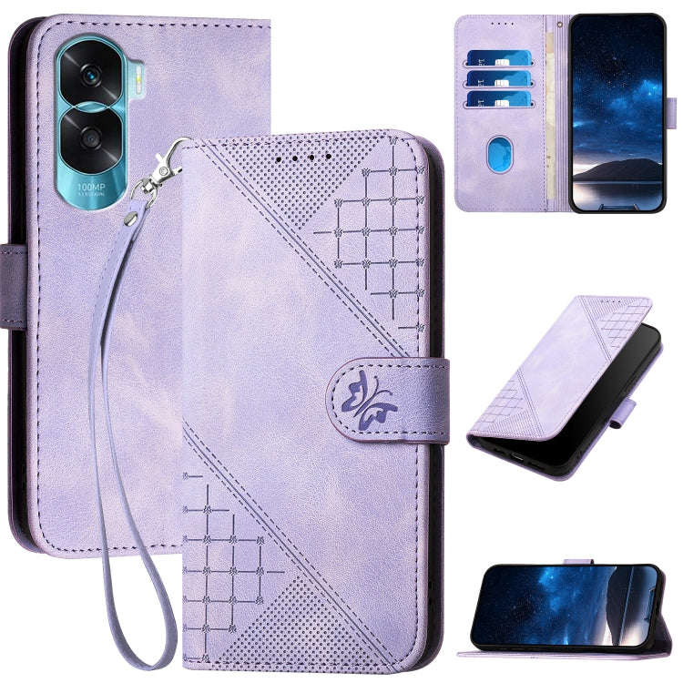 For Honor X50i 5G / 90 Lite Grid Butterfly Embossed Pattern Leather Phone Case with Lanyard(Light...