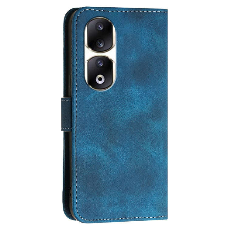 For Honor 90 Pro Grid Butterfly Embossed Pattern Leather Phone Case with Lanyard(Dark Blue)