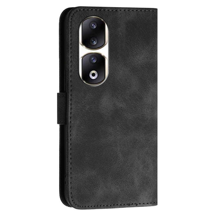 For Honor 90 Pro Grid Butterfly Embossed Pattern Leather Phone Case with Lanyard(Black)
