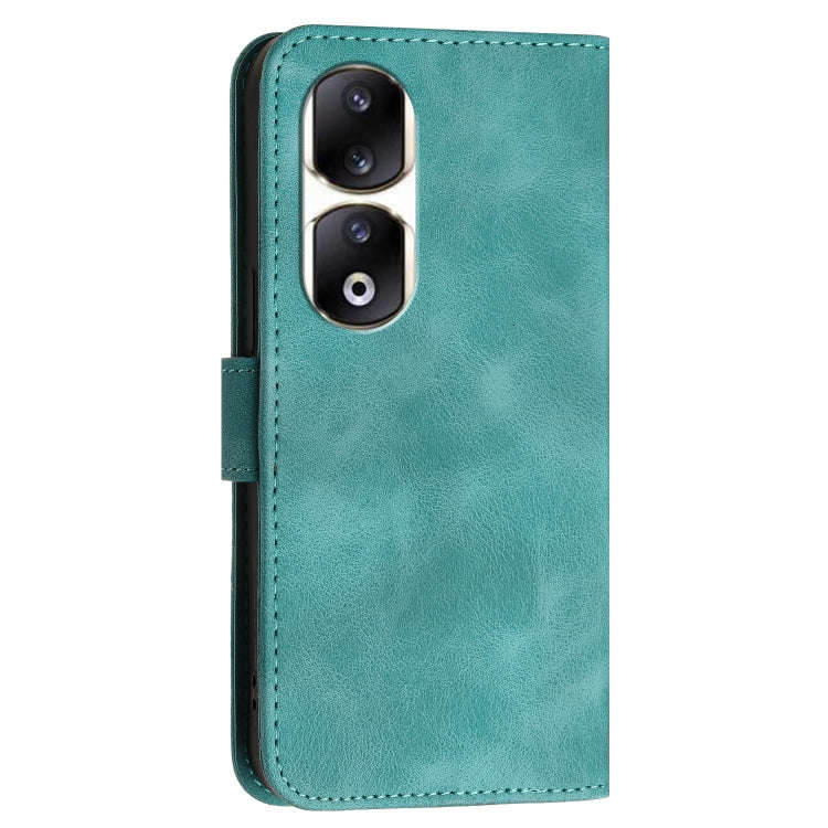 For Honor 90 Pro Grid Butterfly Embossed Pattern Leather Phone Case with Lanyard(Light Blue)