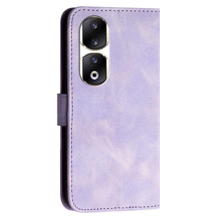 For Honor 90 Pro Grid Butterfly Embossed Pattern Leather Phone Case with Lanyard(Light Purple)