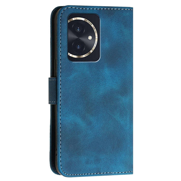 For Honor 100 Grid Butterfly Embossed Pattern Leather Phone Case with Lanyard(Dark Blue)