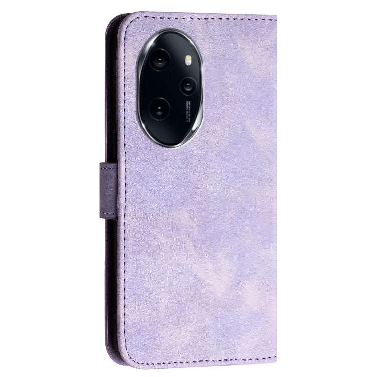 For Honor 100 Pro Grid Butterfly Embossed Pattern Leather Phone Case with Lanyard(Light Purple)
