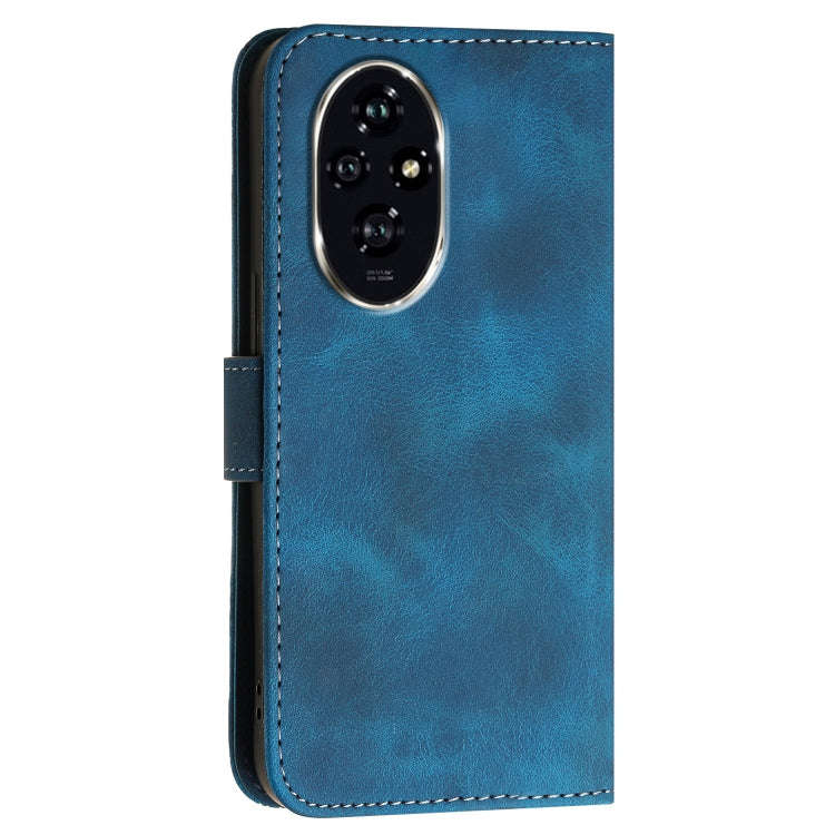 For Honor 200 Global Grid Butterfly Embossed Pattern Leather Phone Case with Lanyard(Dark Blue)