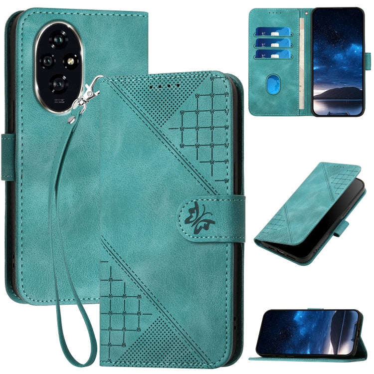 For Honor 200 Pro 5G Global Grid Butterfly Embossed Pattern Leather Phone Case with Lanyard(Light...