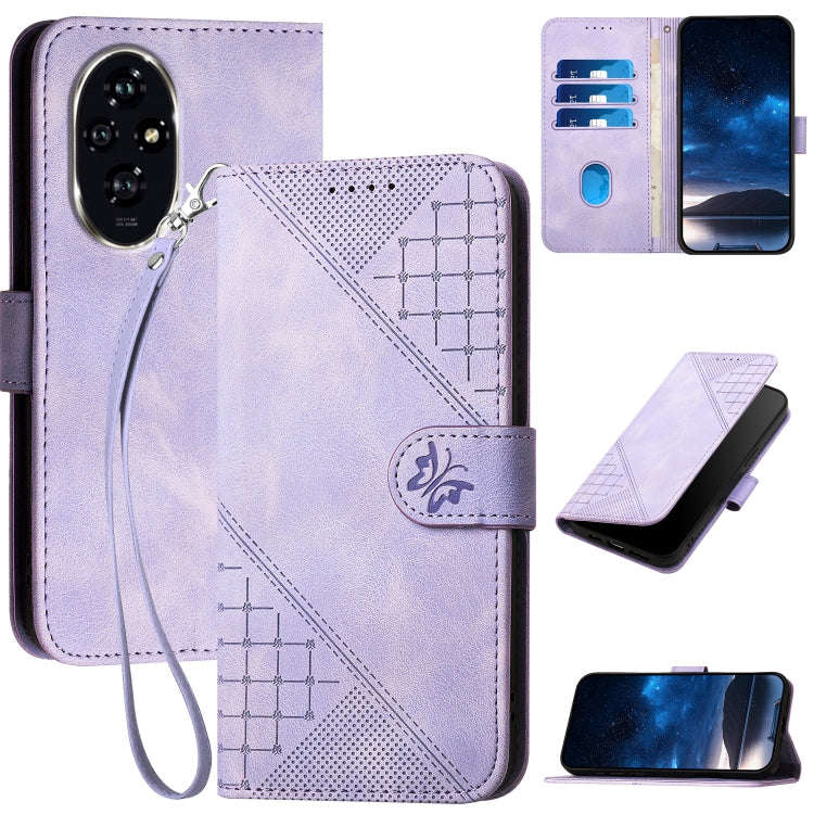 For Honor 200 Pro 5G Global Grid Butterfly Embossed Pattern Leather Phone Case with Lanyard(Light...