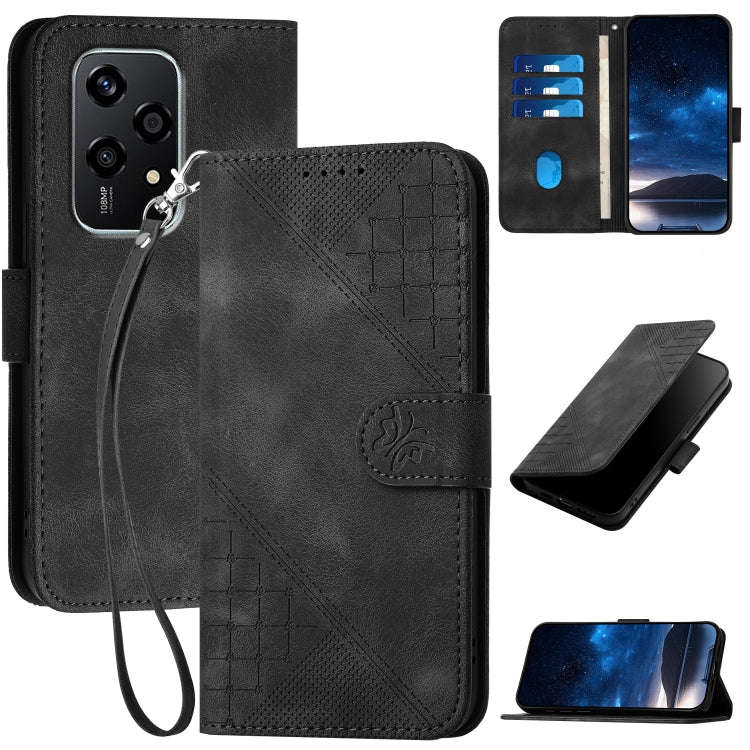 For Honor 200 Lite Global Grid Butterfly Embossed Pattern Leather Phone Case with Lanyard(Black)
