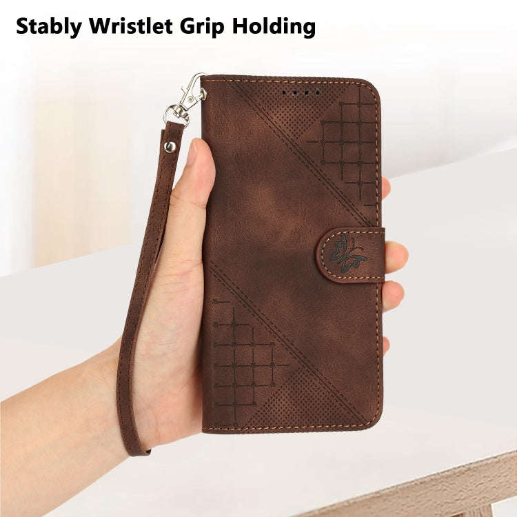 For Honor 200 Lite Global Grid Butterfly Embossed Pattern Leather Phone Case with Lanyard(Coffee)