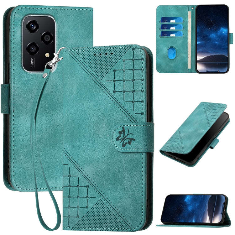 For Honor 200 Lite Global Grid Butterfly Embossed Pattern Leather Phone Case with Lanyard(Light B...