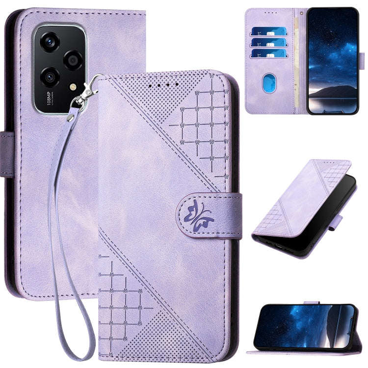For Honor 200 Lite Global Grid Butterfly Embossed Pattern Leather Phone Case with Lanyard(Light P...