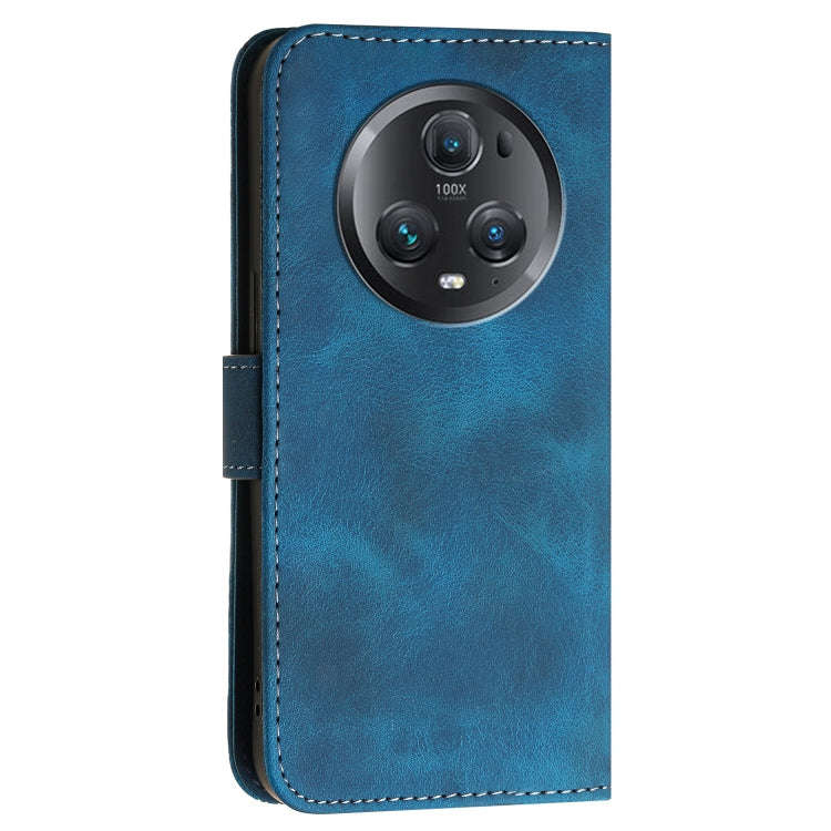 For Honor Magic5 Pro Grid Butterfly Embossed Pattern Leather Phone Case with Lanyard(Dark Blue)