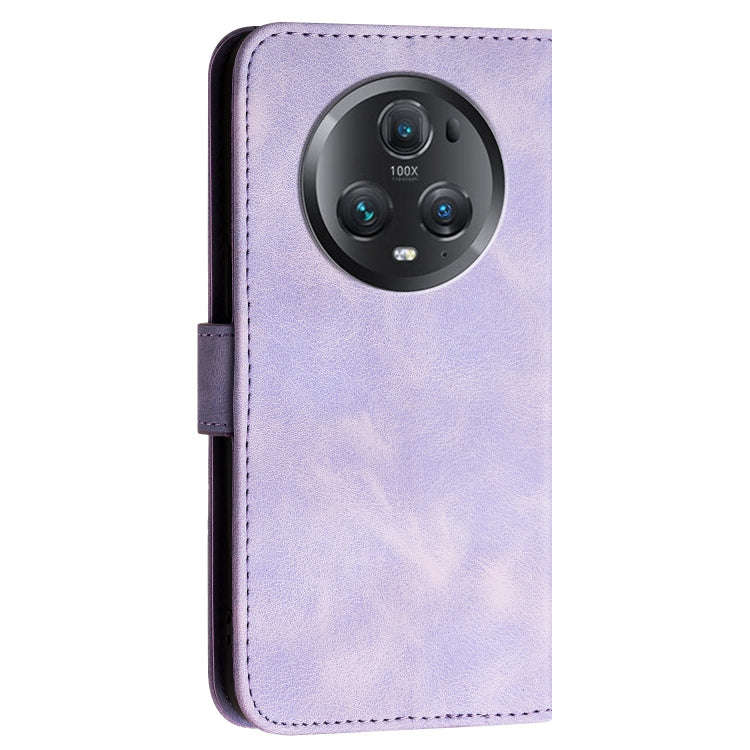 For Honor Magic5 Pro Grid Butterfly Embossed Pattern Leather Phone Case with Lanyard(Light Purple)