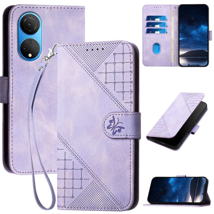 For Honor X7 4G / Play 30 Plus Grid Butterfly Embossed Pattern Leather Phone Case with Lanyard(Li...