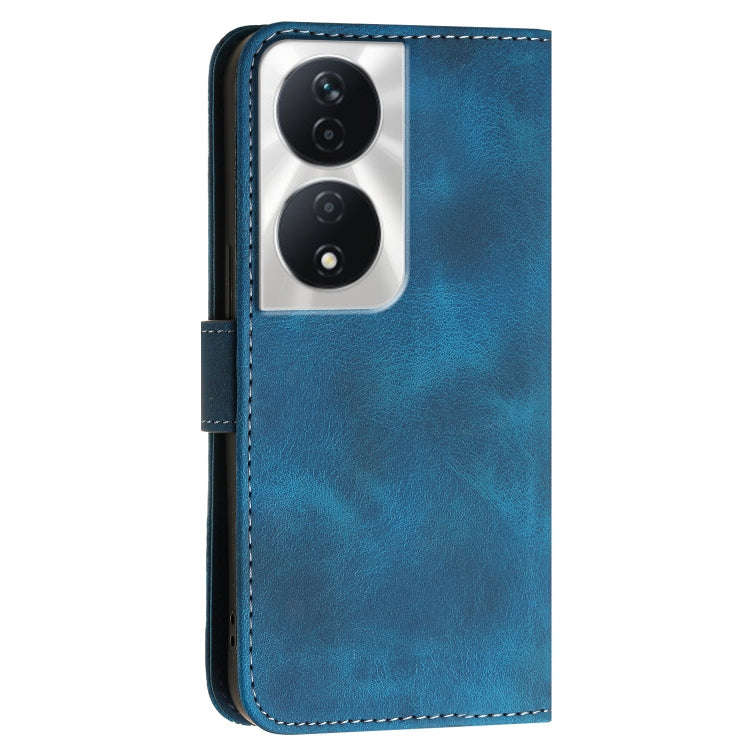 For Honor X7b 5G Grid Butterfly Embossed Pattern Leather Phone Case with Lanyard(Dark Blue)