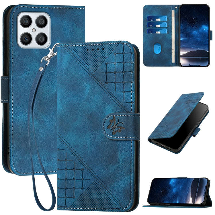 For Honor X8 4G / X30i Grid Butterfly Embossed Pattern Leather Phone Case with Lanyard(Dark Blue)