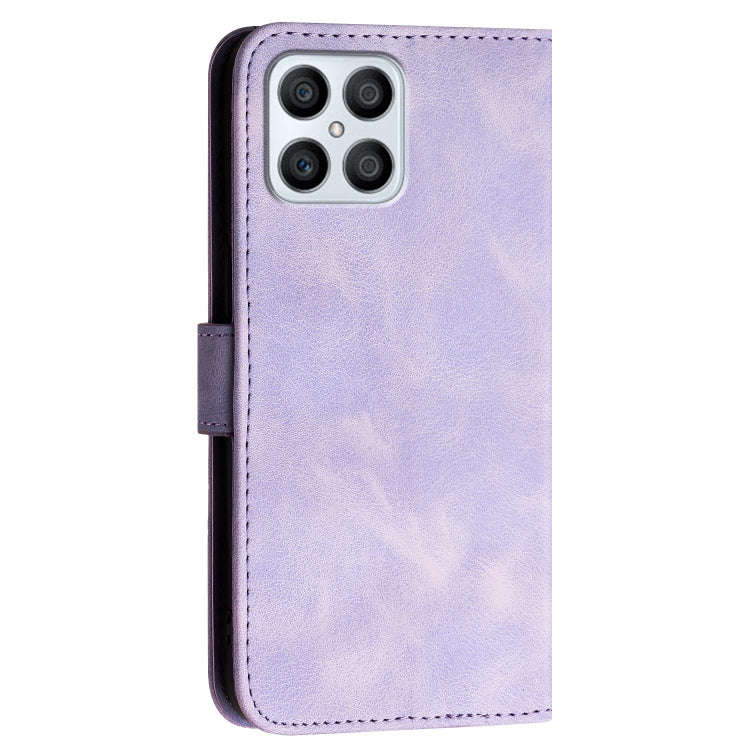 For Honor Play6T Pro Grid Butterfly Embossed Pattern Leather Phone Case with Lanyard(Light Purple)
