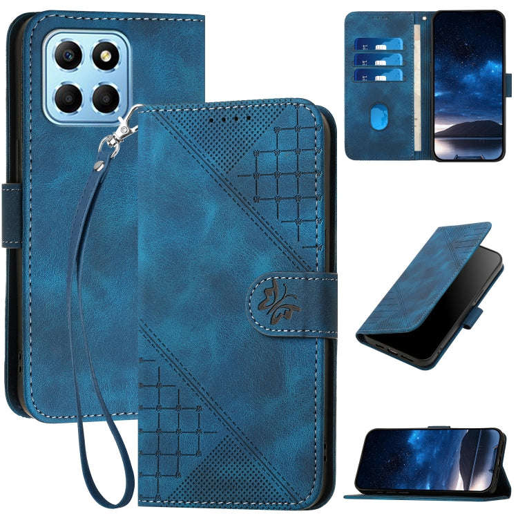 For Honor X8 5G Grid Butterfly Embossed Pattern Leather Phone Case with Lanyard(Dark Blue)
