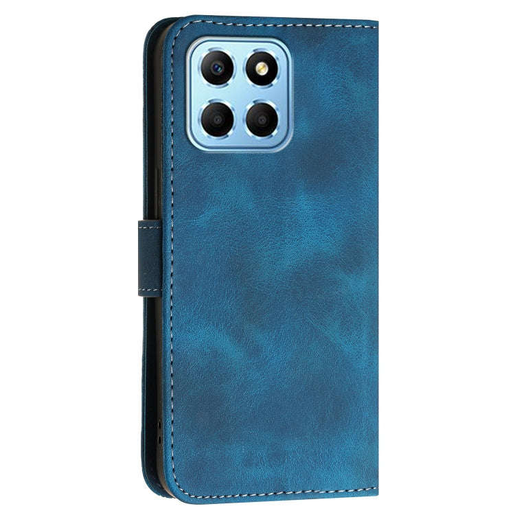 For Honor X8 5G Grid Butterfly Embossed Pattern Leather Phone Case with Lanyard(Dark Blue)