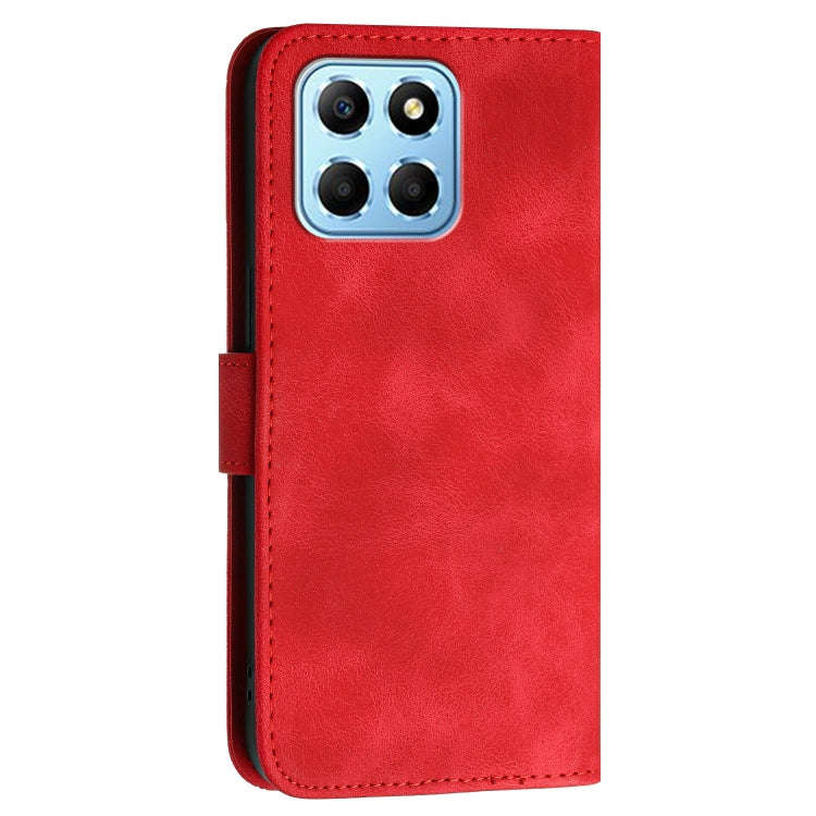 For Honor X8 5G Grid Butterfly Embossed Pattern Leather Phone Case with Lanyard(Red)