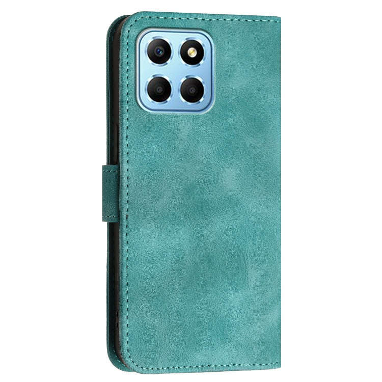 For Honor X8 5G Grid Butterfly Embossed Pattern Leather Phone Case with Lanyard(Light Blue)