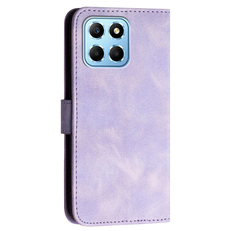 For Honor X8 5G Grid Butterfly Embossed Pattern Leather Phone Case with Lanyard(Light Purple)