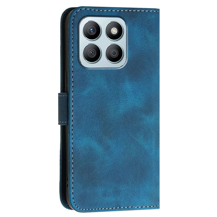 For Honor X8b Grid Butterfly Embossed Pattern Leather Phone Case with Lanyard(Dark Blue)