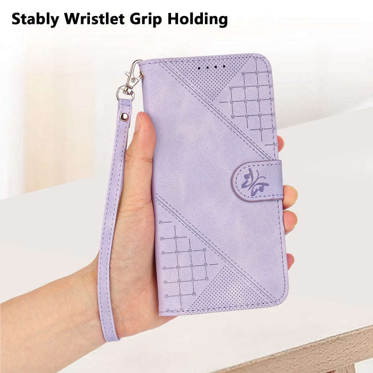 For Honor X8b Grid Butterfly Embossed Pattern Leather Phone Case with Lanyard(Light Purple)