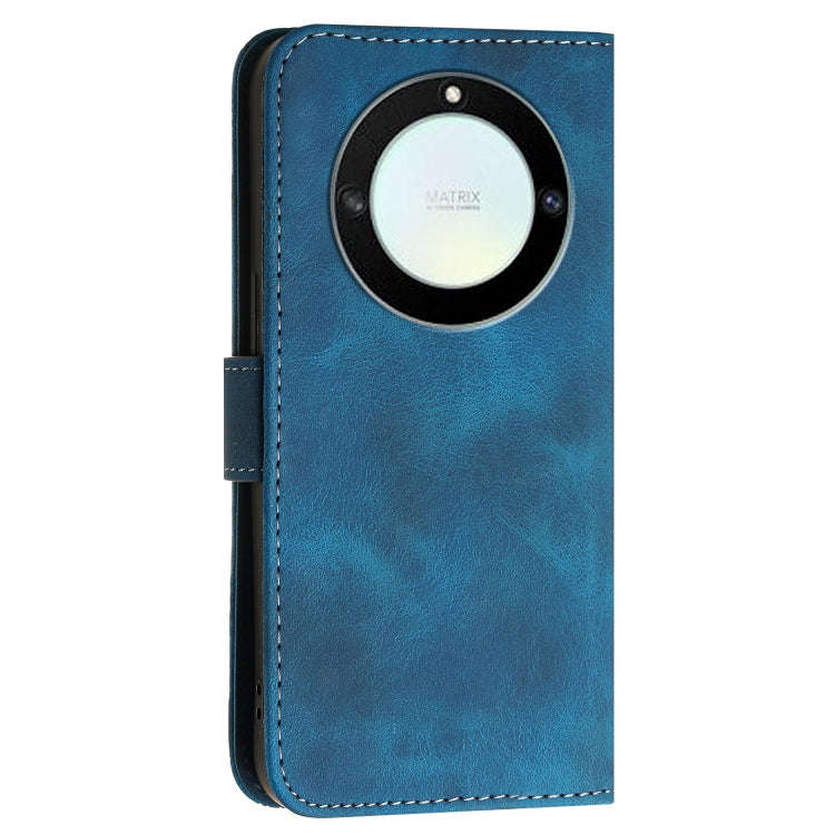 For Honor Magic5 Lite Grid Butterfly Embossed Pattern Leather Phone Case with Lanyard(Dark Blue)