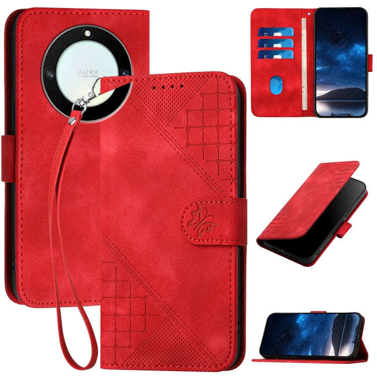 For Honor Magic5 Lite Grid Butterfly Embossed Pattern Leather Phone Case with Lanyard(Red)