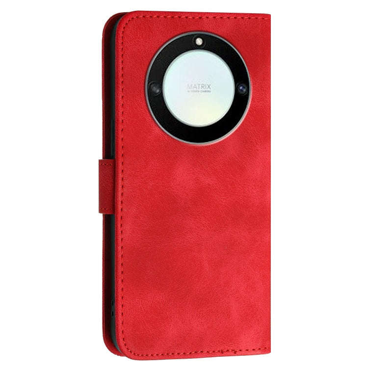 For Honor Magic5 Lite Grid Butterfly Embossed Pattern Leather Phone Case with Lanyard(Red)