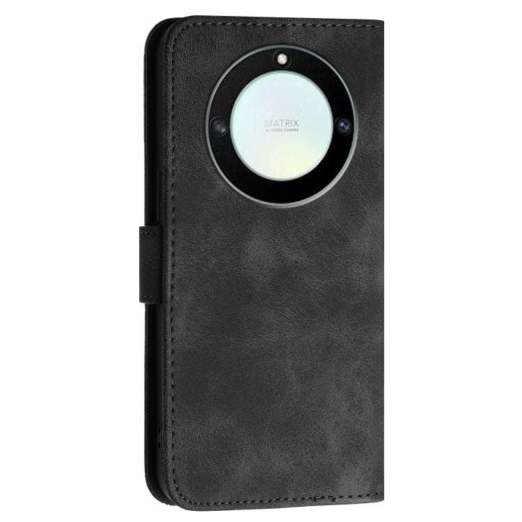For Honor Magic5 Lite Grid Butterfly Embossed Pattern Leather Phone Case with Lanyard(Black)