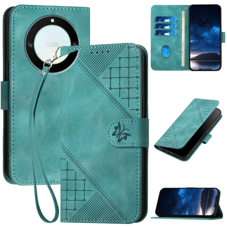 For Honor Magic5 Lite Grid Butterfly Embossed Pattern Leather Phone Case with Lanyard(Light Blue)