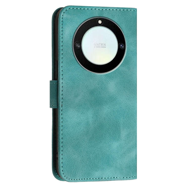 For Honor Magic5 Lite Grid Butterfly Embossed Pattern Leather Phone Case with Lanyard(Light Blue)