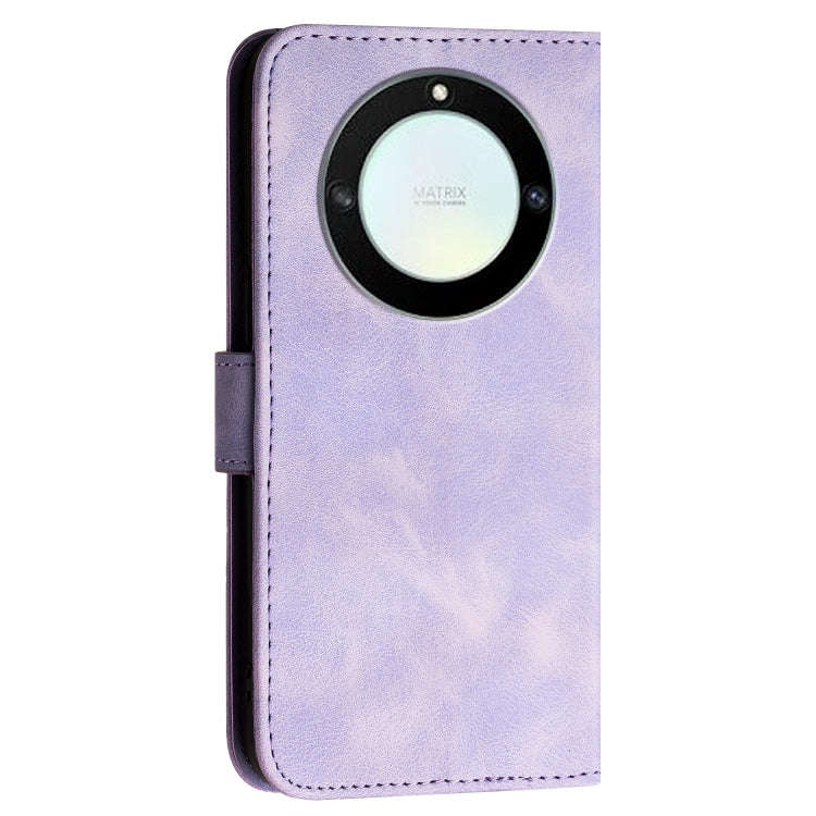 For Honor Magic5 Lite Grid Butterfly Embossed Pattern Leather Phone Case with Lanyard(Light Purple)