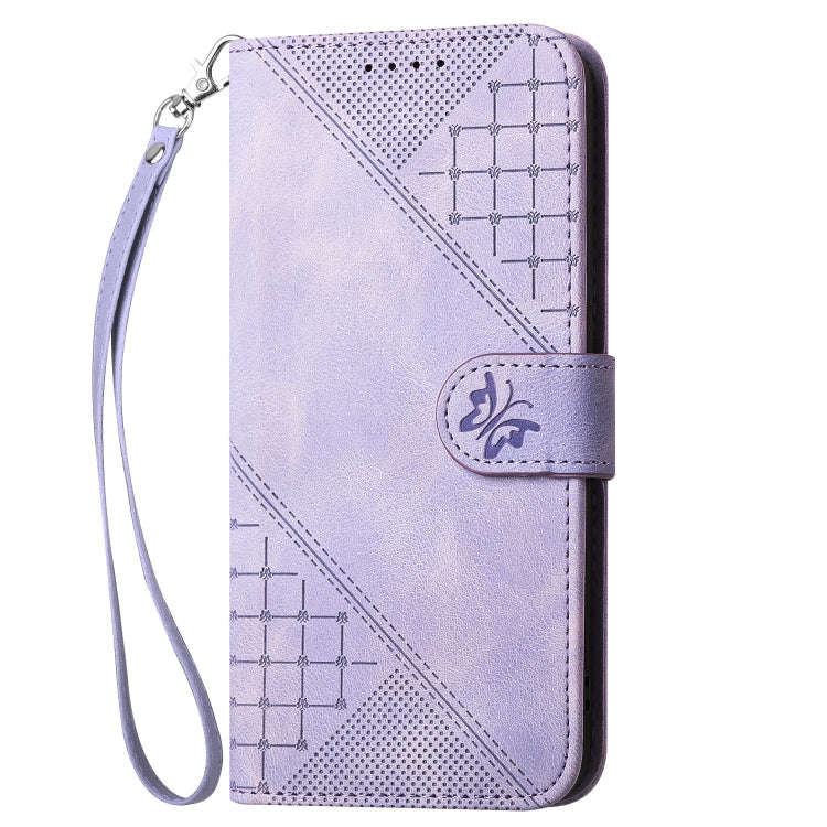 For Honor X50i+ Grid Butterfly Embossed Pattern Leather Phone Case with Lanyard(Light Purple)