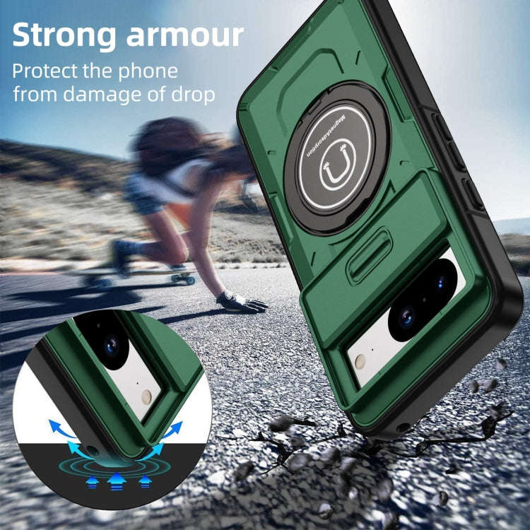 For Google Pixel 8 Sliding Camshield TPU Hybrid PC Magnetic Holder Phone Case(Dark Green)