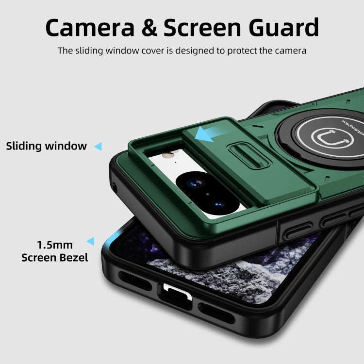 For Google Pixel 8 Sliding Camshield TPU Hybrid PC Magnetic Holder Phone Case(Dark Green)