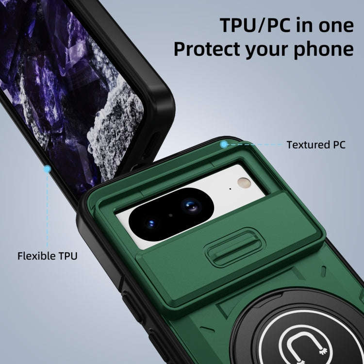 For Google Pixel 8 Sliding Camshield TPU Hybrid PC Magnetic Holder Phone Case(Dark Green)