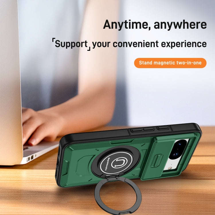 For Google Pixel 8 Sliding Camshield TPU Hybrid PC Magnetic Holder Phone Case(Dark Green)