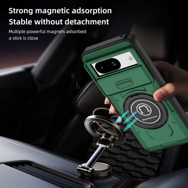 For Google Pixel 8 Sliding Camshield TPU Hybrid PC Magnetic Holder Phone Case(Dark Green)