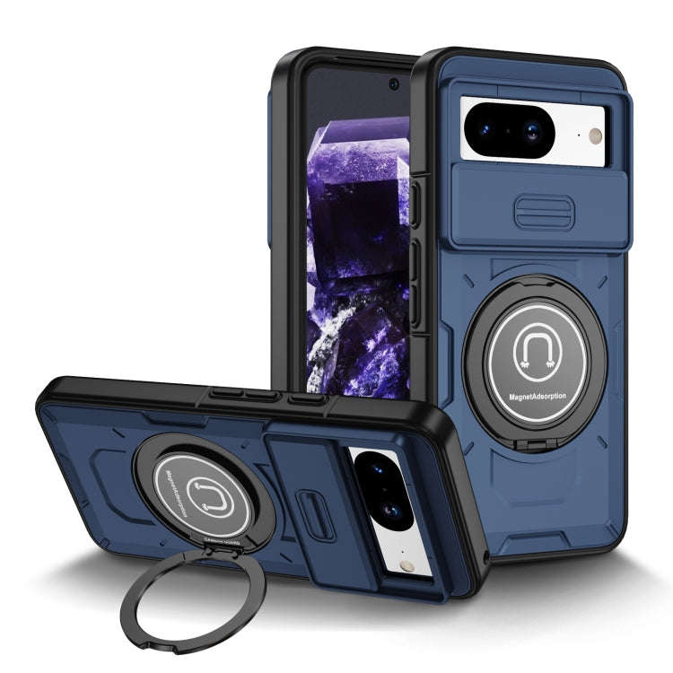 For Google Pixel 8 Sliding Camshield TPU Hybrid PC Magnetic Holder Phone Case(Dark Blue)