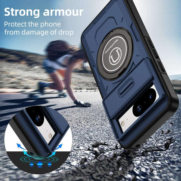 For Google Pixel 8 Sliding Camshield TPU Hybrid PC Magnetic Holder Phone Case(Dark Blue)