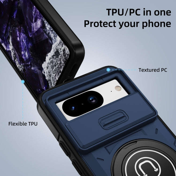 For Google Pixel 8 Sliding Camshield TPU Hybrid PC Magnetic Holder Phone Case(Dark Blue)