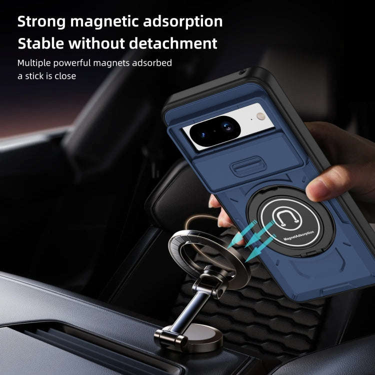 For Google Pixel 8 Sliding Camshield TPU Hybrid PC Magnetic Holder Phone Case(Dark Blue)
