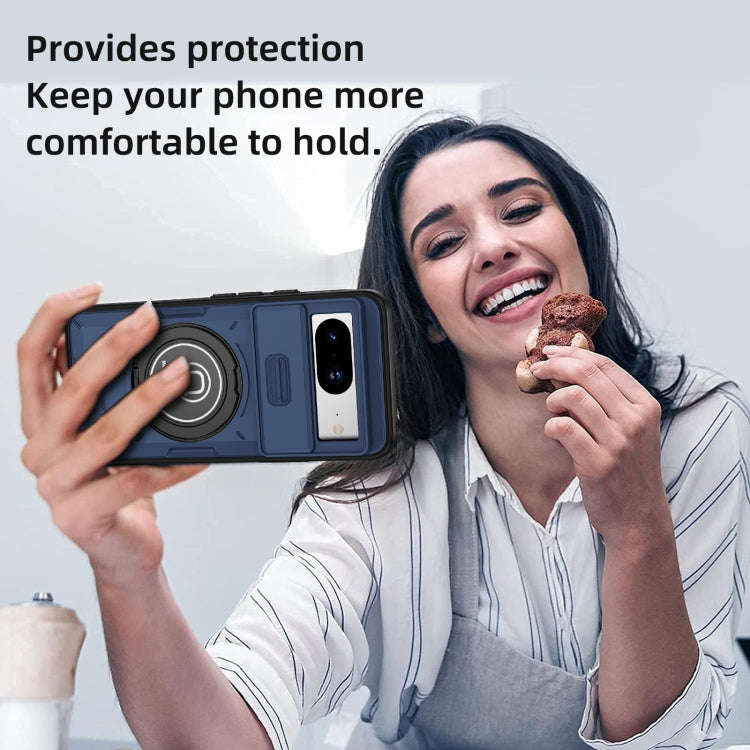 For Google Pixel 8 Sliding Camshield TPU Hybrid PC Magnetic Holder Phone Case(Dark Blue)