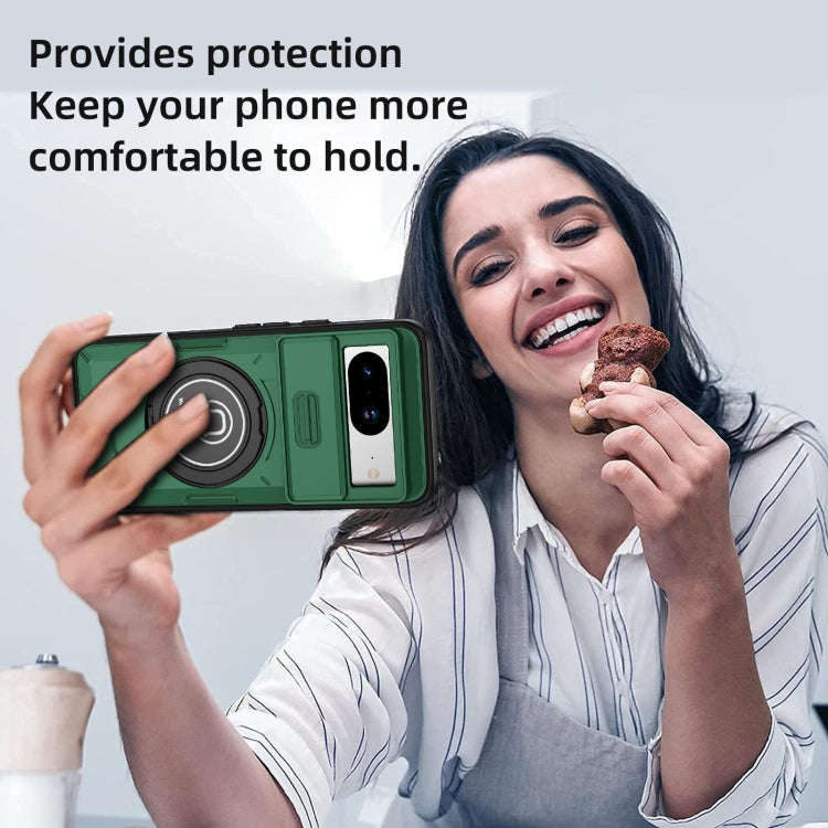 For Google Pixel 8a Sliding Camshield TPU Hybrid PC Magnetic Holder Phone Case(Dark Green)