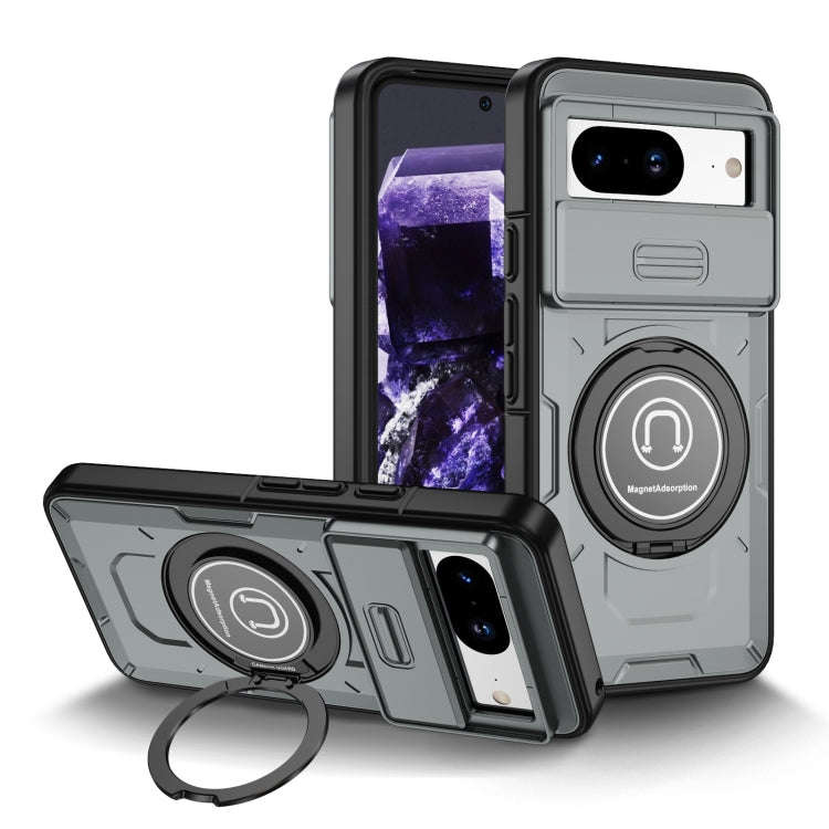 For Google Pixel 8a Sliding Camshield TPU Hybrid PC Magnetic Holder Phone Case(Grey)