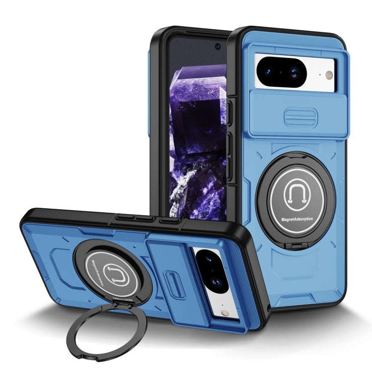 For Google Pixel 8a Sliding Camshield TPU Hybrid PC Magnetic Holder Phone Case(Sky Blue)