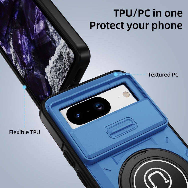 For Google Pixel 8a Sliding Camshield TPU Hybrid PC Magnetic Holder Phone Case(Sky Blue)