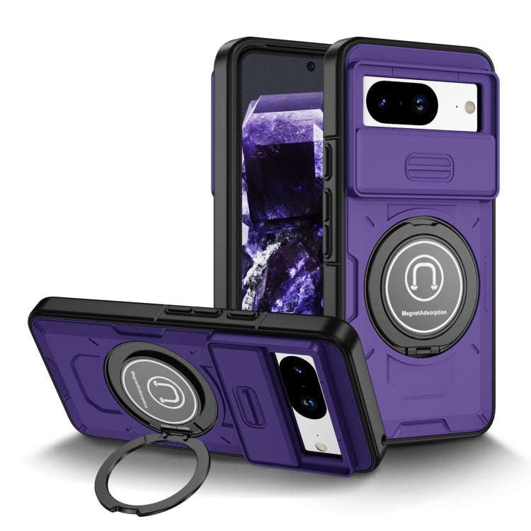 For Google Pixel 8a Sliding Camshield TPU Hybrid PC Magnetic Holder Phone Case(Purple)